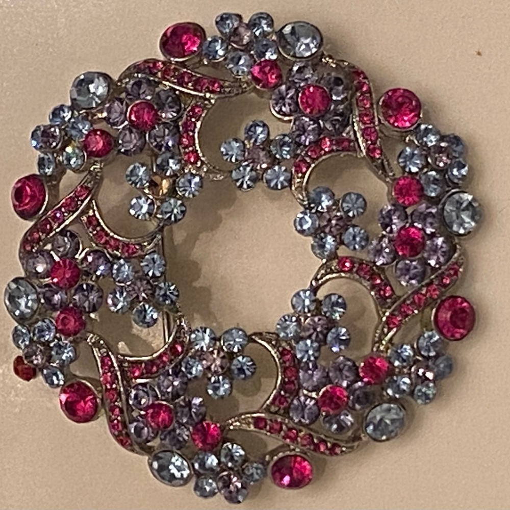 Elegant Vintage Pink and Blue Crystal Brooch